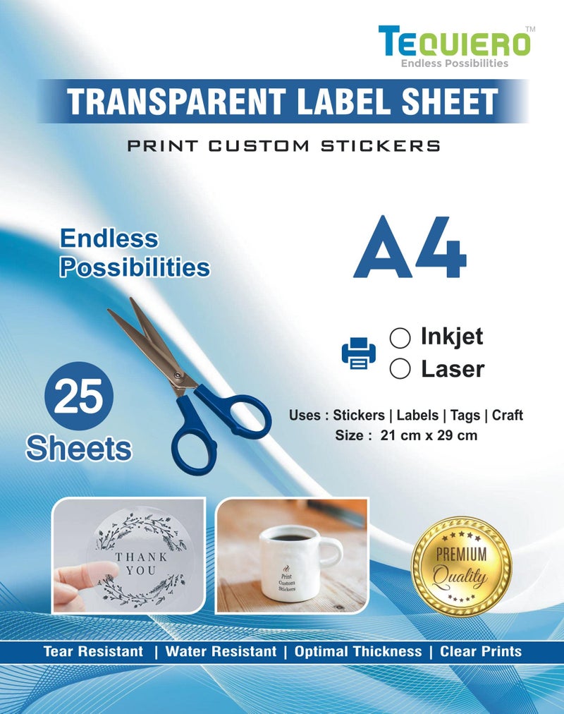 TeQuiero 25 Transparent Glossy Sticker Sheet A4 Paper Label Self Adhesive Sheets for Printing Stickers and Clear Labels (Inkjet & Laser Printer) - 25 Sheets - Image 1