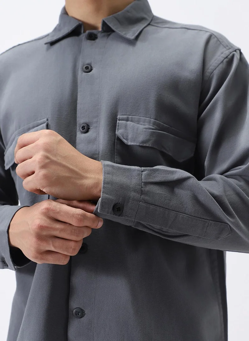 Urbano Fashion  Urbano Fashion Men's Grey Cotton Full Sleeve Relaxed Fit Shacket with Utility Pockets for Men | Best Price UAE