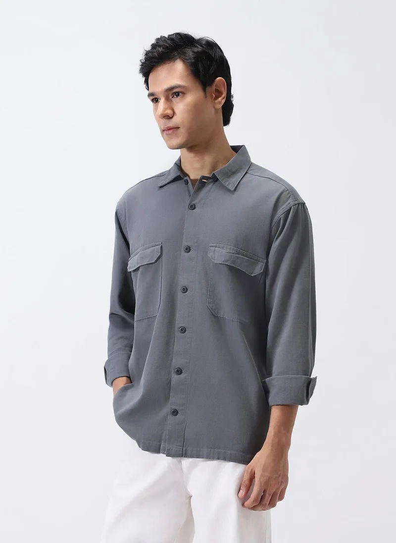 Urbano Fashion Men's Grey Cotton Full Sleeve Relaxed Fit Shacket with Utility Pockets