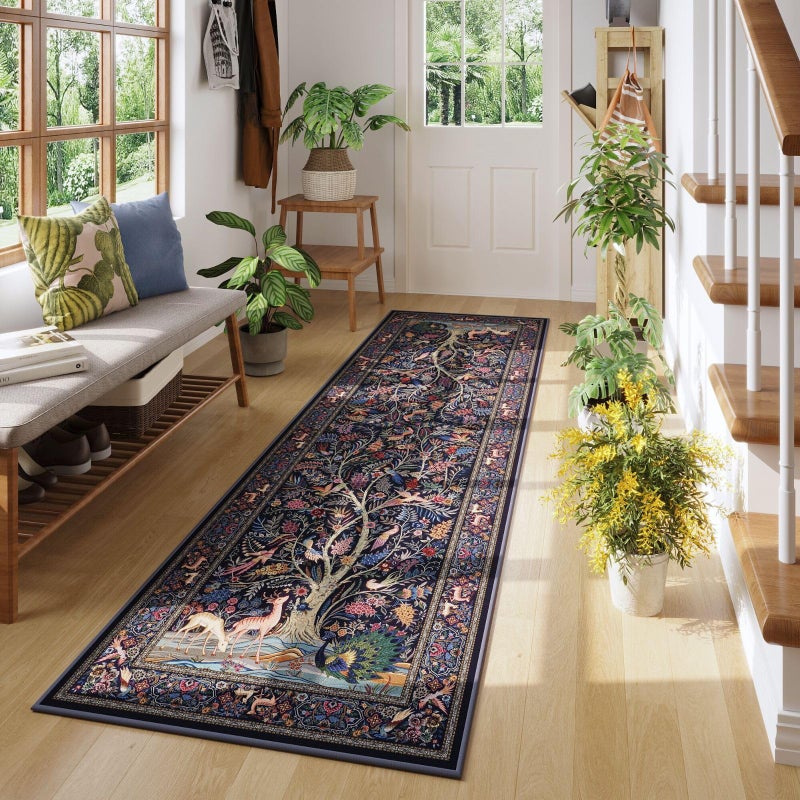 Rugcomf Runner Rug 2x6 Vibrant Tree of Life-Patterned Vintage Kitchen Rugs Non Slip Washable Soft Carpet Runner for Laundry Bedroom Bathroom, Blue - Image 2