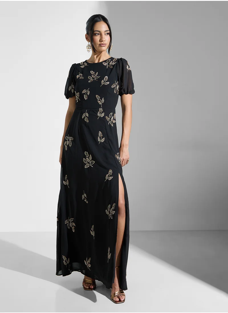 Maya Floral Print Tie Derail Puff Sleeve Dress
