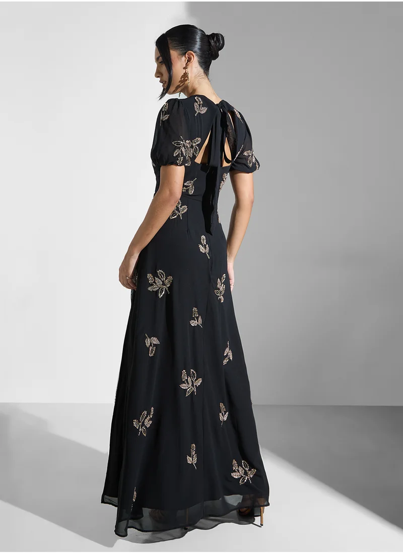 Maya Floral Print Tie Derail Puff Sleeve Dress