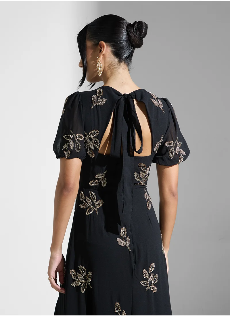 Maya Floral Print Tie Derail Puff Sleeve Dress