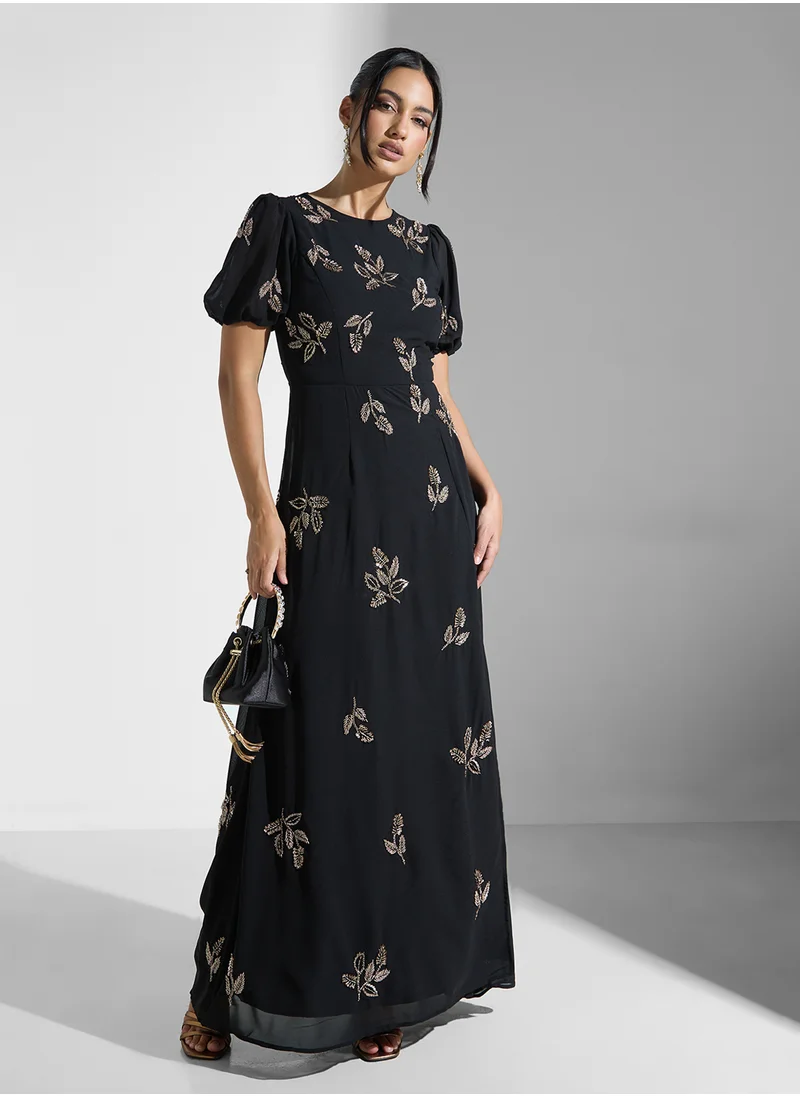 Maya Floral Print Tie Derail Puff Sleeve Dress