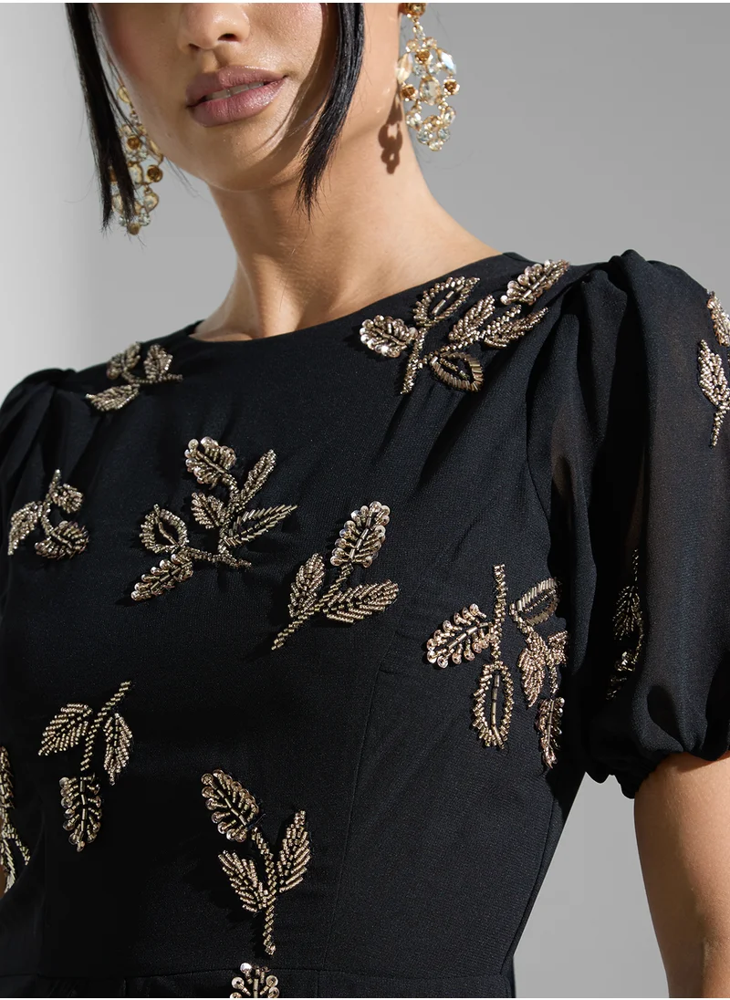 Maya Floral Print Tie Derail Puff Sleeve Dress