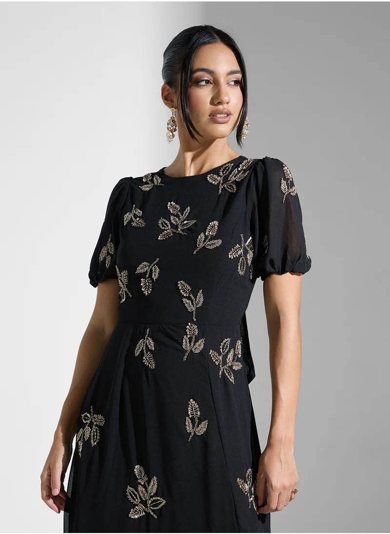 Maya Floral Print Tie Derail Puff Sleeve Dress