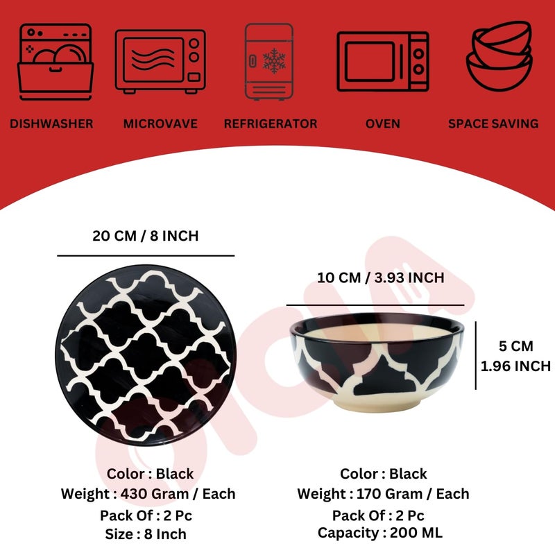 Oicia أطقم الأطباق والأوعية من أويشيا - طقم أدوات مائدة من البورسلين - للجرانولا، السلطة، المعكرونة، الحساء، الحلوى، إلخ - طقم من 2 طبق (8 بوصة) مع طقم من 2 وعاء (200 مل 10 سم) - آمن في غسالة الصحون والميكروويف (أسود) - Image 2