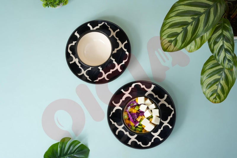 Oicia أطقم الأطباق والأوعية من أويشيا - طقم أدوات مائدة من البورسلين - للجرانولا، السلطة، المعكرونة، الحساء، الحلوى، إلخ - طقم من 2 طبق (8 بوصة) مع طقم من 2 وعاء (200 مل 10 سم) - آمن في غسالة الصحون والميكروويف (أسود) - Image 5