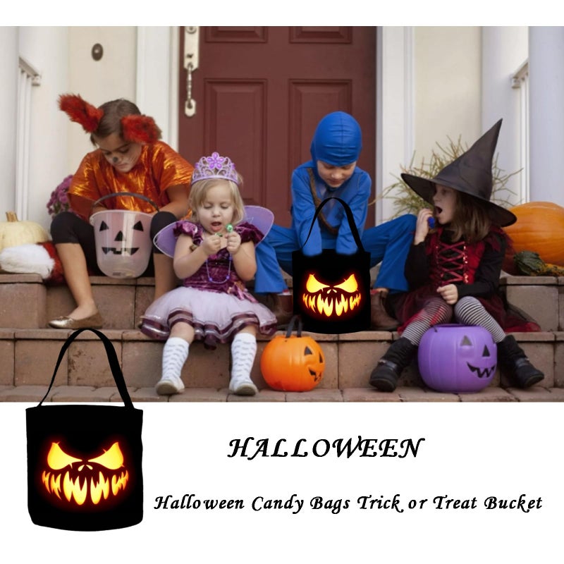 HANSAMU Halloween Trick or Treat Bucket Candy Bags Pumpkin Fire Creepy Face Large Portable Canvas Black Portable Canvas Black Handles Candy Bags for Halloween Party Favors - Image 3