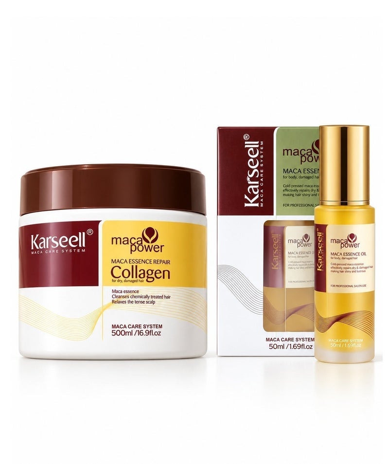 Karseell Maca Essence Collagen Repair Kit, Collagen Hair Mask 500ml & Maca Essence Hair Oil 50ml, Argan Oil Hair Treatment for Dry Damaged Hair for All Hair Types - Image 1