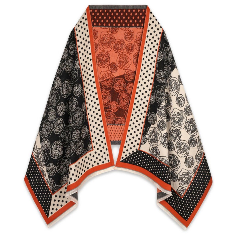 EXTREE Scarfs for Women Pashmina Silky Shawl Wrap for Evening Dressing Blanket Open Front Poncho Cape (AIK-black-orange) - Image 1