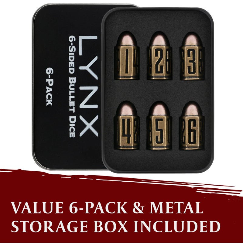 lynx Bullet Metal Dice Set - Six Brass D6 Dices - Great for DND, Warhammer 40k, Role Playing Homebrews, D&D, ... Great RPG/Dungeons and Dragons/D and D Accessories Gifts. Can Use with Dice Tray/Tower - Image 3