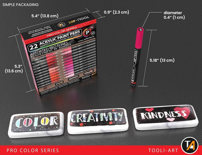 TOOLI-ART Acrylic Paint Pens 22 Red & Pink Tones Assorted Pro Color Series Markers Set 0.7mm Extra Fine Tip for Rock Painting, Glass, Mugs, Wood, Metal, Canvas, Projects, Non Toxic, Waterbased, Quick Drying - Image 5