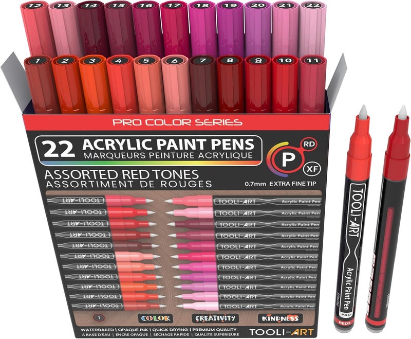 TOOLI-ART Acrylic Paint Pens 22 Red & Pink Tones Assorted Pro Color Series Markers Set 0.7mm Extra Fine Tip for Rock Painting, Glass, Mugs, Wood, Metal, Canvas, Projects, Non Toxic, Waterbased, Quick Drying - Image 1