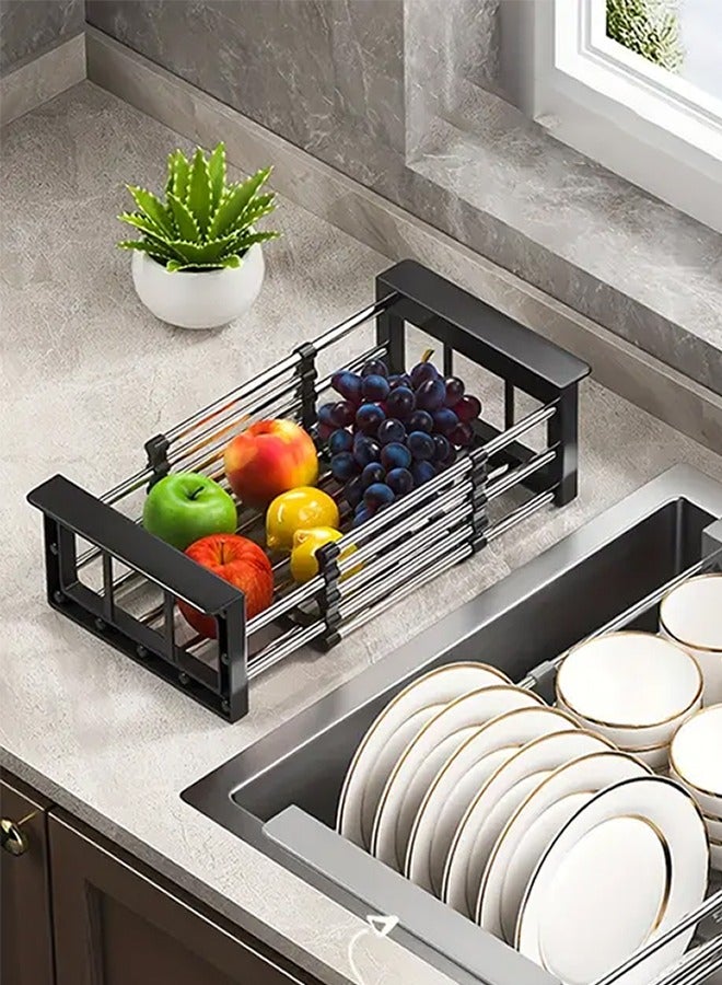 Adjustable Stainless Steel Over the Sink Expandable Dish Rack Black 27x9.5x22.5cm - Image 1