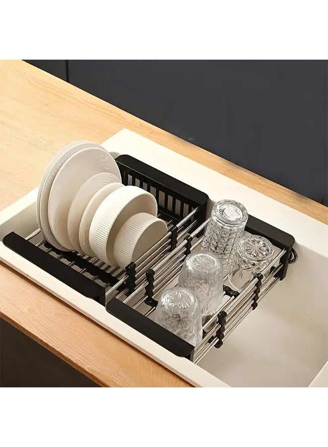 Adjustable Stainless Steel Over the Sink Expandable Dish Rack Black 27x9.5x22.5cm - Image 3