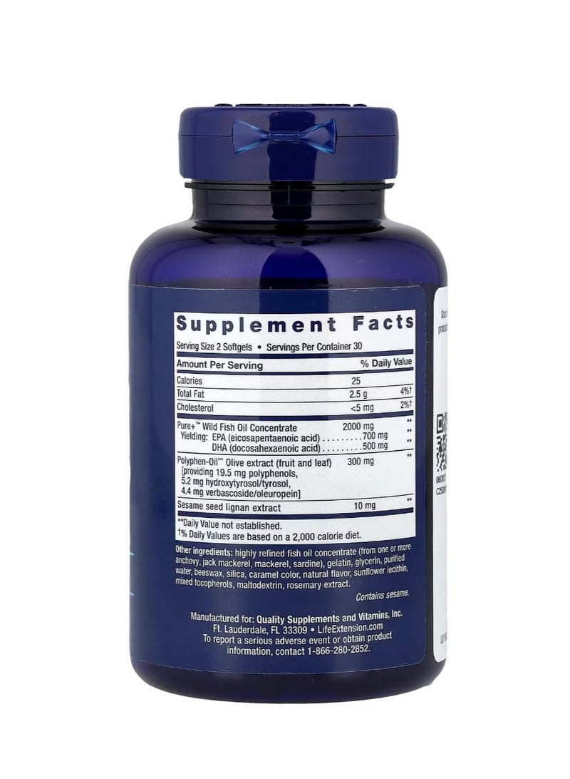 Life Extension Super Omega-3 EPA/DHA Fish Oil Sesame Lignans & Olive Extract 60 Softgels - Image 2