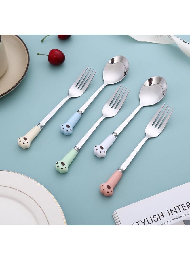 Imitation Ceramic Cartoon Cat's Claw Stainless Steel Spoon Creative Tableware Fork Children Cute Dining Spoon Household Wholesale-Color:Green-short Spoon - Image 4