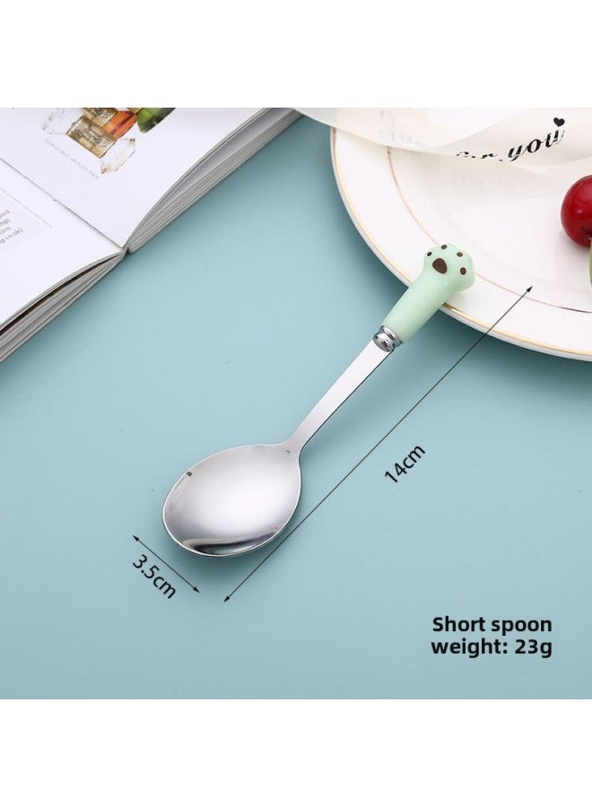 Imitation Ceramic Cartoon Cat's Claw Stainless Steel Spoon Creative Tableware Fork Children Cute Dining Spoon Household Wholesale-Color:Green-short Spoon - Image 1