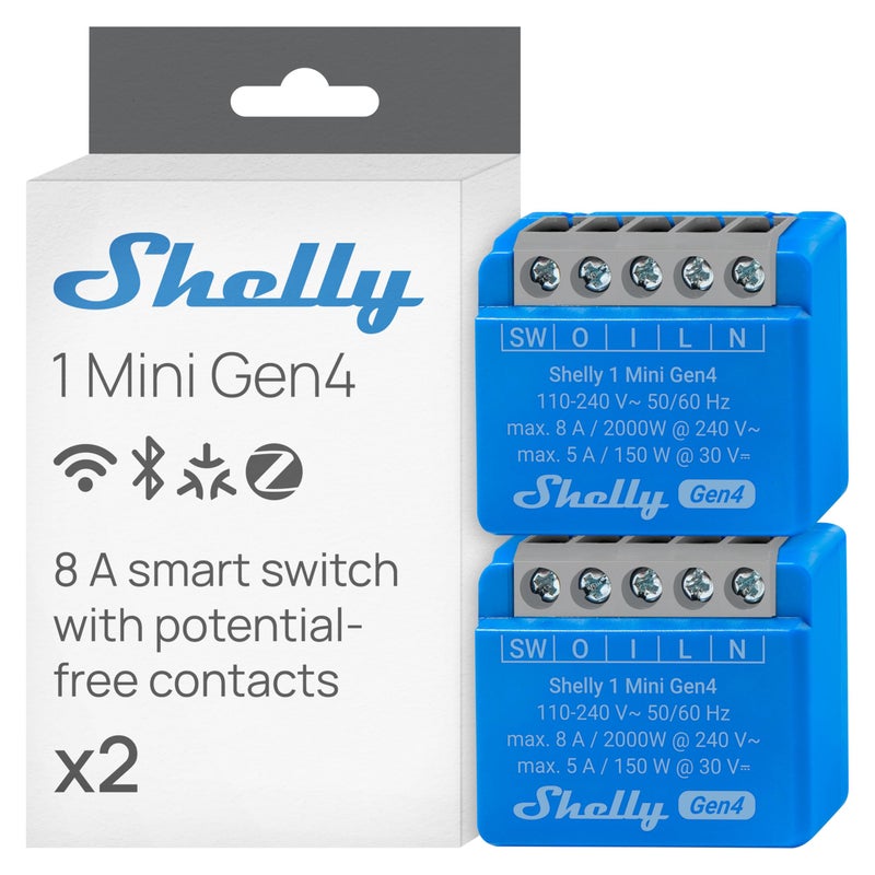 Shelly 1 Mini Gen4 | Wi-Fi, Zigbee & Matter Smart Relay Switch with Dry Contacts, 1-Channel 8A | Home Automation | Alexa, SmartThings, Google, Apple HomeKit Compatible | Garage Door Opener (2 Pack) - Image 1