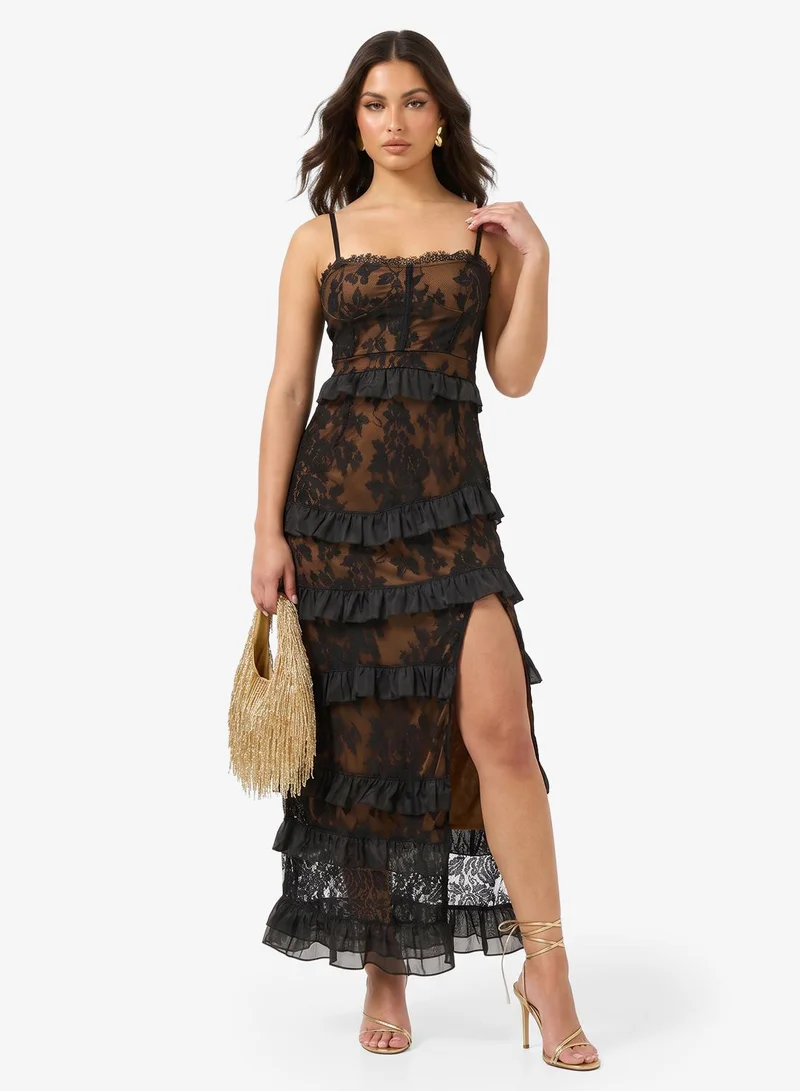 Strappy Lace Detail Tiered Ruffle Dress