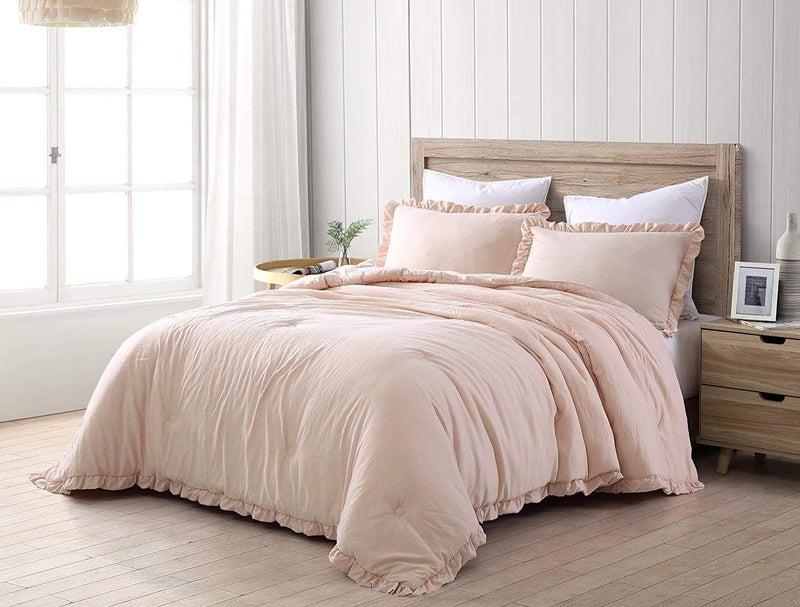 Chezmoi Collection Chezmoi Collection Nora 3Piece Ruffled Edge Trim Soft Washed Microfiber Comforter Set Full Blush 
