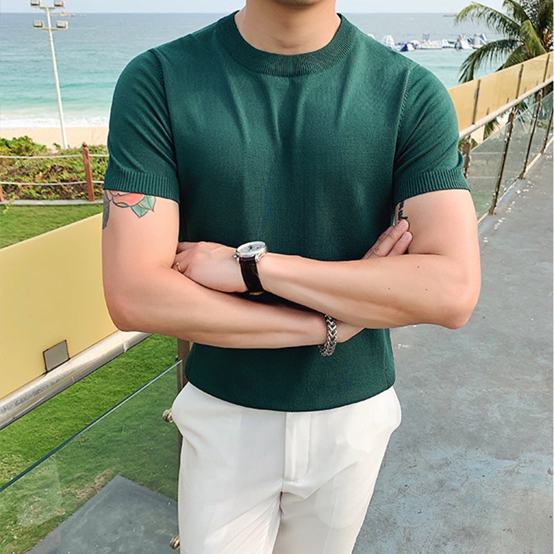 2022 spring and autumn men's round neck short-sleeved T-shirt male Korean Slim Slim stretch knitted sweater for men - Image 4