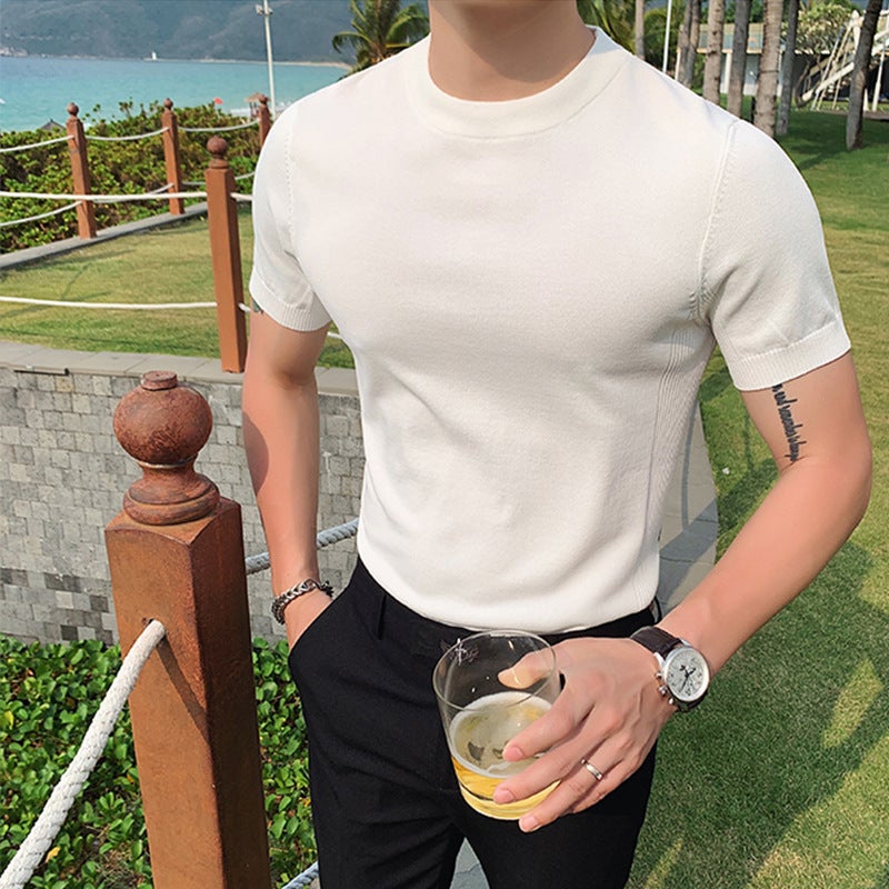 2022 spring and autumn men's round neck short-sleeved T-shirt male Korean Slim Slim stretch knitted sweater for men - Image 3