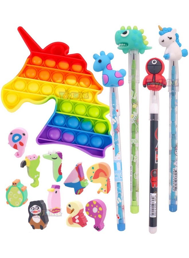 Toyshine 15 Pcs Stationery Set Gift for Kids Boys Girls Toddler | Art Craft Birthday for 3 4 5 6 7 8 9 Year Old | Return Gift Party Favor- 1 Pop it, 4 Pencils, 10 Erasers - Image 1
