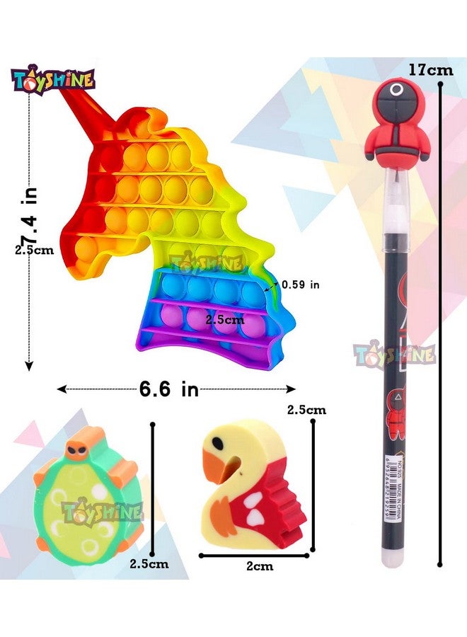 Toyshine 15 Pcs Stationery Set Gift for Kids Boys Girls Toddler | Art Craft Birthday for 3 4 5 6 7 8 9 Year Old | Return Gift Party Favor- 1 Pop it, 4 Pencils, 10 Erasers - Image 2