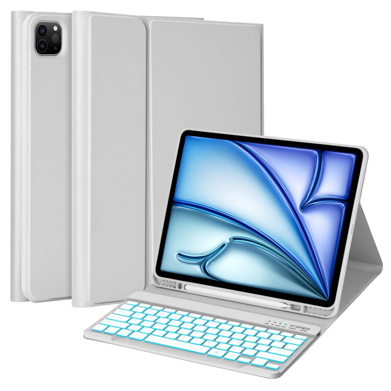 MMK for iPad Air 13 inch Keyboard (M3 2025 / M2 2024), iPad Pro 12.9 Case with Keyboard (5/6th Gen) & Backlit Bluetooth Wireless with Pencil Holder - Grey - Image 1