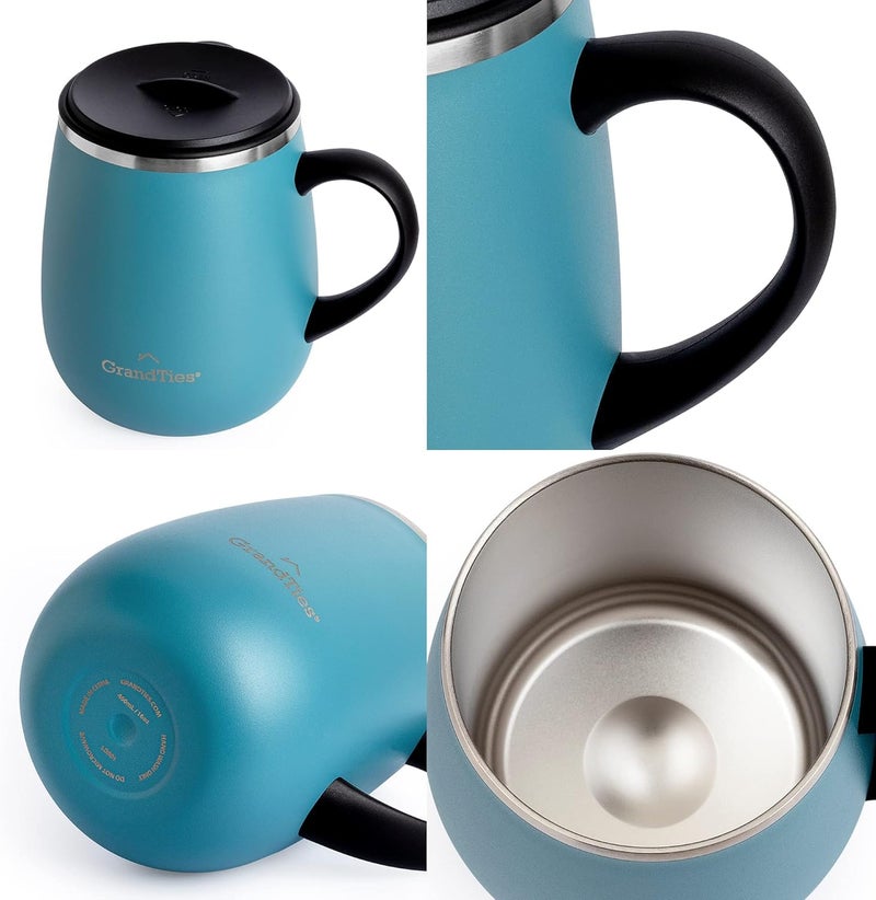 GRANDTIES GRANDTIES Insulated Coffee Mug with Handle and Sliding Lid - 16oz Splash-Proof Wine Glass Shape Thermal Tumbler - Double Walled Vacuum Stainless Steel Keeps Beverages Hot or Cold - Atlantis Blue  - Image 2