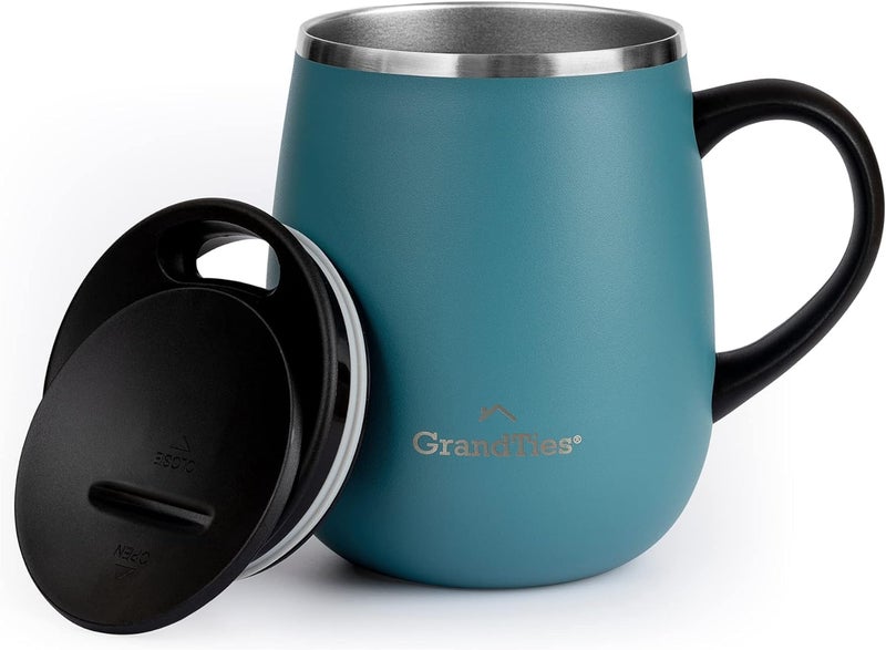 GRANDTIES GRANDTIES Insulated Coffee Mug with Handle and Sliding Lid - 16oz Splash-Proof Wine Glass Shape Thermal Tumbler - Double Walled Vacuum Stainless Steel Keeps Beverages Hot or Cold - Atlantis Blue  - Image 1