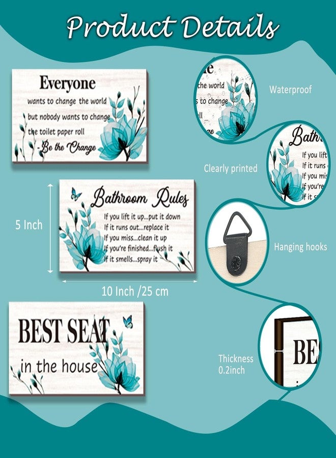 DONFENTHY 3 Pieces Teal Bathroom Decor Bathroom Rules Wall Art Turquoise Flower Bathroom Rules Sign Best Seat in The House Rustic Farmhouse Wooden Sign for Bathroom Toilet Wall Decor (Teal 10x5 Inch) - Image 3