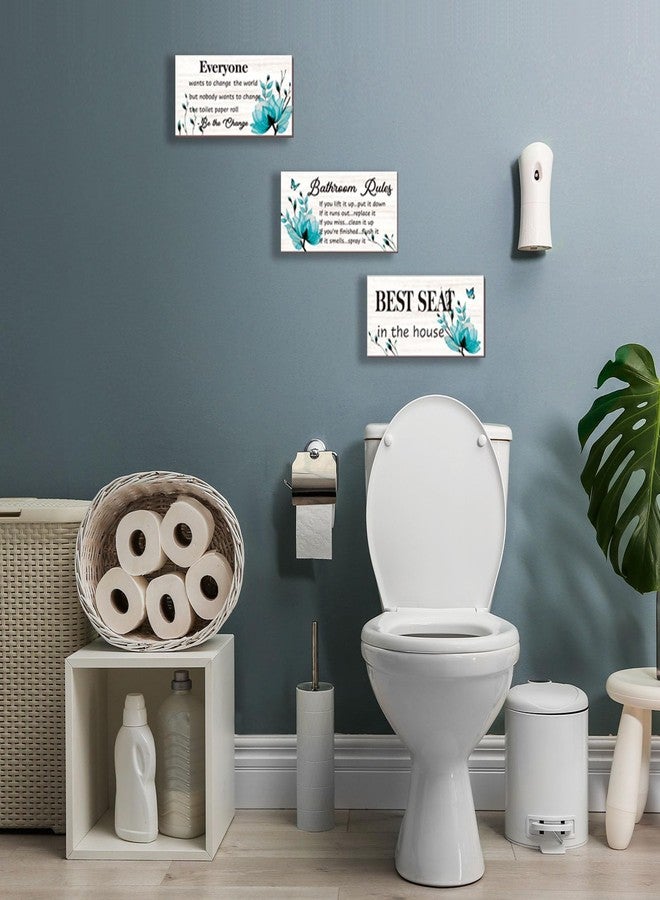 DONFENTHY 3 Pieces Teal Bathroom Decor Bathroom Rules Wall Art Turquoise Flower Bathroom Rules Sign Best Seat in The House Rustic Farmhouse Wooden Sign for Bathroom Toilet Wall Decor (Teal 10x5 Inch) - Image 4