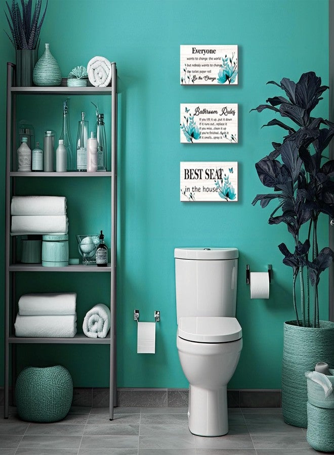 DONFENTHY 3 Pieces Teal Bathroom Decor Bathroom Rules Wall Art Turquoise Flower Bathroom Rules Sign Best Seat in The House Rustic Farmhouse Wooden Sign for Bathroom Toilet Wall Decor (Teal 10x5 Inch) - Image 2