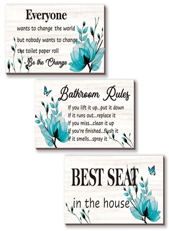DONFENTHY 3 Pieces Teal Bathroom Decor Bathroom Rules Wall Art Turquoise Flower Bathroom Rules Sign Best Seat in The House Rustic Farmhouse Wooden Sign for Bathroom Toilet Wall Decor (Teal 10x5 Inch) - Image 1