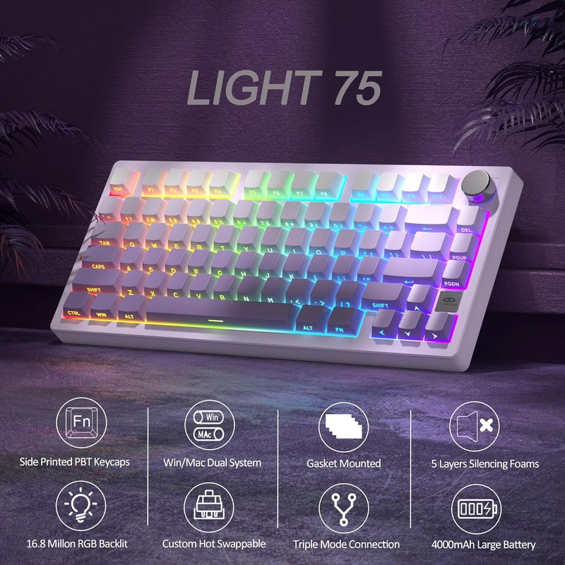 مايجغي لوحة مفاتيح LIGHT75 اللاسلكية كريمية مع حشية، بنفسجي - Image 2