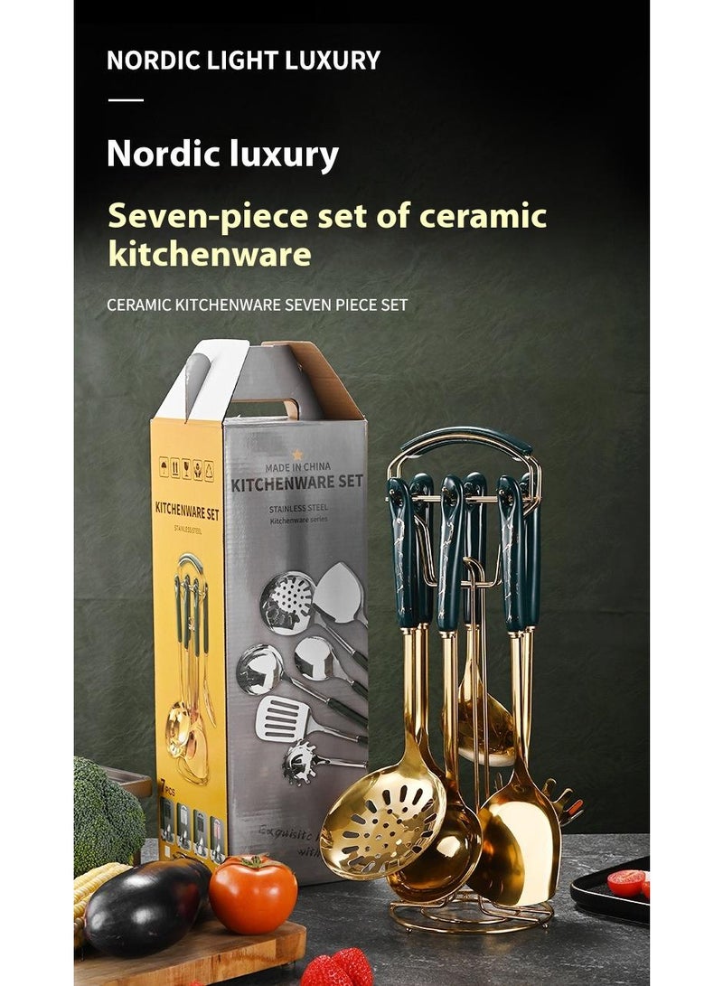 Bluejw أدوات مطبخ متعددة الوظائف من الفولاذ المقاوم للصدأ 7 قطع مع حامل مقبض سيراميك هدية للطهي - Image 2