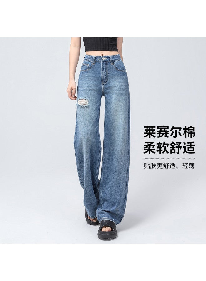 EPTISON distressed Washed Jeans For Women - Summer Thin High Waist Wide Leg Pants - Image 2