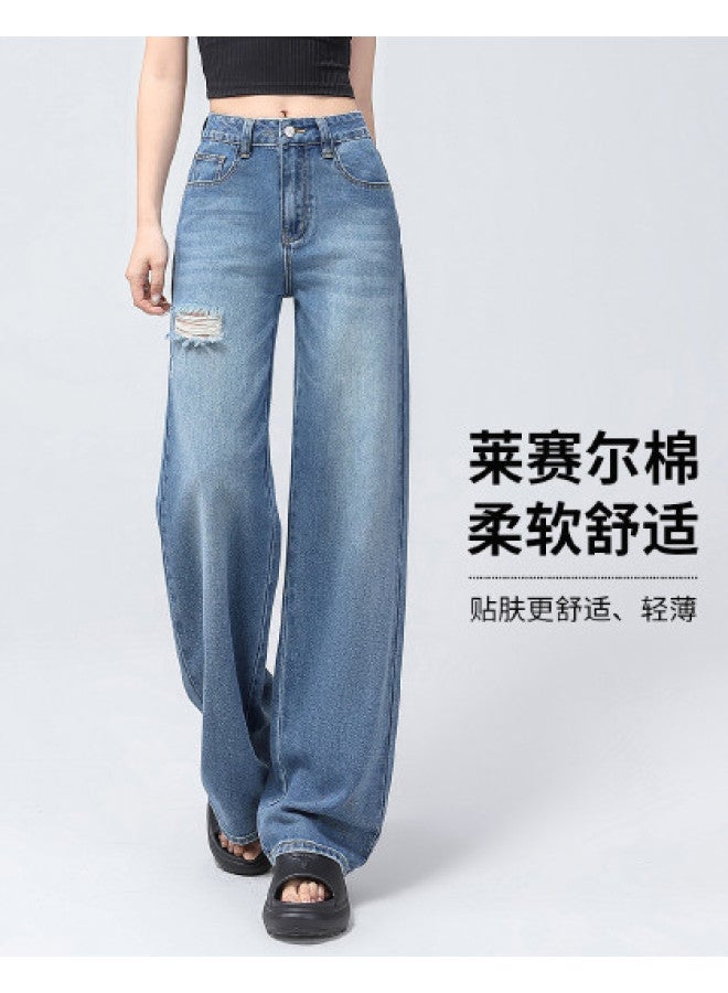 EPTISON distressed Washed Jeans For Women - Summer Thin High Waist Wide Leg Pants - Image 1