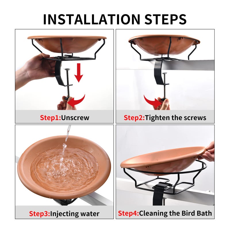 Jealoeur Bird Bath Deck Mounted 12 Inches, Deck Adjustable Steel Clamp 3.5 Inches, Balcony Railing Birdbaths Unheated(Brown) - Image 4