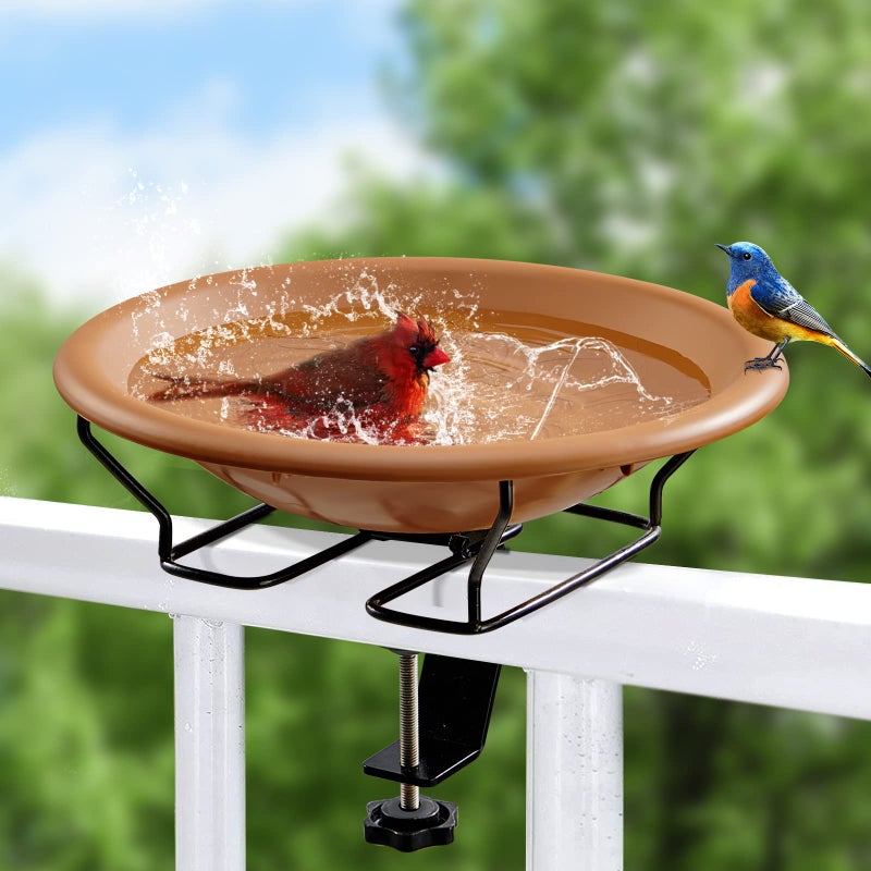 Jealoeur Bird Bath Deck Mounted 12 Inches, Deck Adjustable Steel Clamp 3.5 Inches, Balcony Railing Birdbaths Unheated(Brown) - Image 1