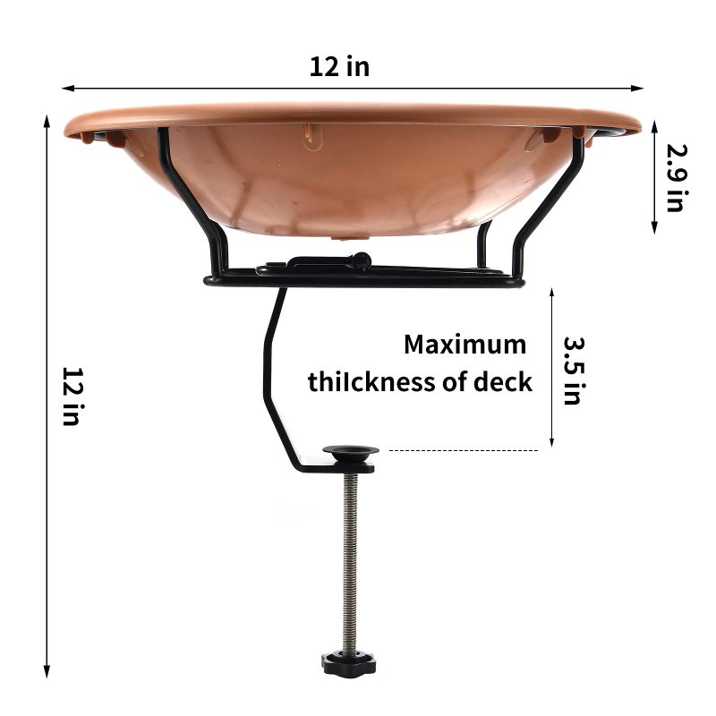 Jealoeur Bird Bath Deck Mounted 12 Inches, Deck Adjustable Steel Clamp 3.5 Inches, Balcony Railing Birdbaths Unheated(Brown) - Image 2