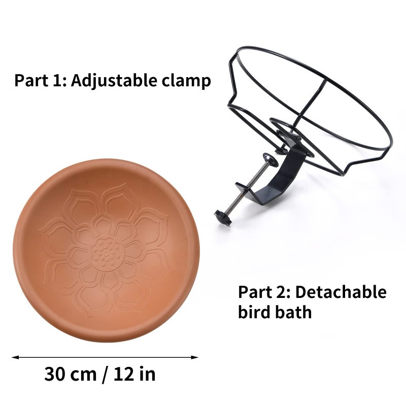 Jealoeur Bird Bath Deck Mounted 12 Inches, Deck Adjustable Steel Clamp 3.5 Inches, Balcony Railing Birdbaths Unheated(Brown) - Image 5
