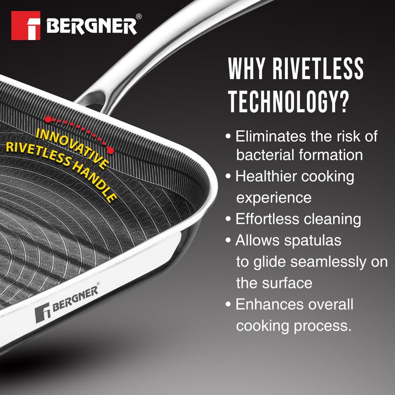 BERGNER BERGNER Hi-Tech TriPly Stainless Steel 24cm Grill Pan, Honeycomb Non-Stick Coating Inside, Non-Toxic, Healthy Cooking, Less Oil Use, Durable Handle with Excellent Grip - Induction - Image 5
