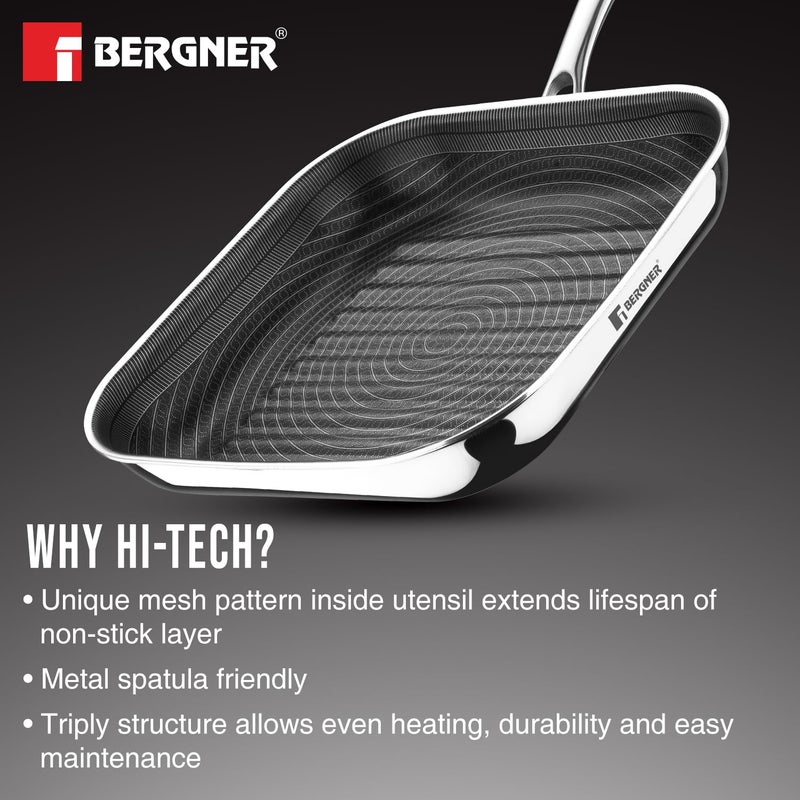 BERGNER BERGNER Hi-Tech TriPly Stainless Steel 24cm Grill Pan, Honeycomb Non-Stick Coating Inside, Non-Toxic, Healthy Cooking, Less Oil Use, Durable Handle with Excellent Grip - Induction - Image 4