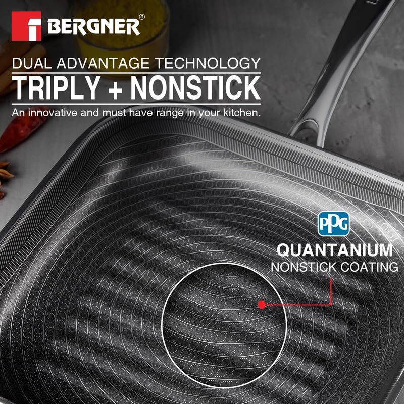 BERGNER BERGNER Hi-Tech TriPly Stainless Steel 24cm Grill Pan, Honeycomb Non-Stick Coating Inside, Non-Toxic, Healthy Cooking, Less Oil Use, Durable Handle with Excellent Grip - Induction - Image 3