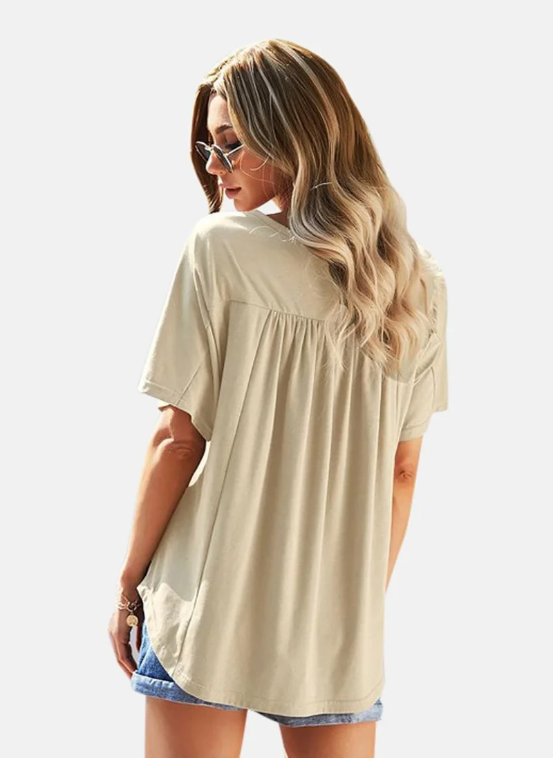 يونيكي Beige V-Neck Solid Top