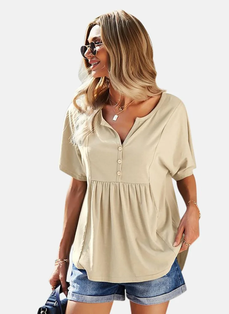 يونيكي Beige V-Neck Solid Top